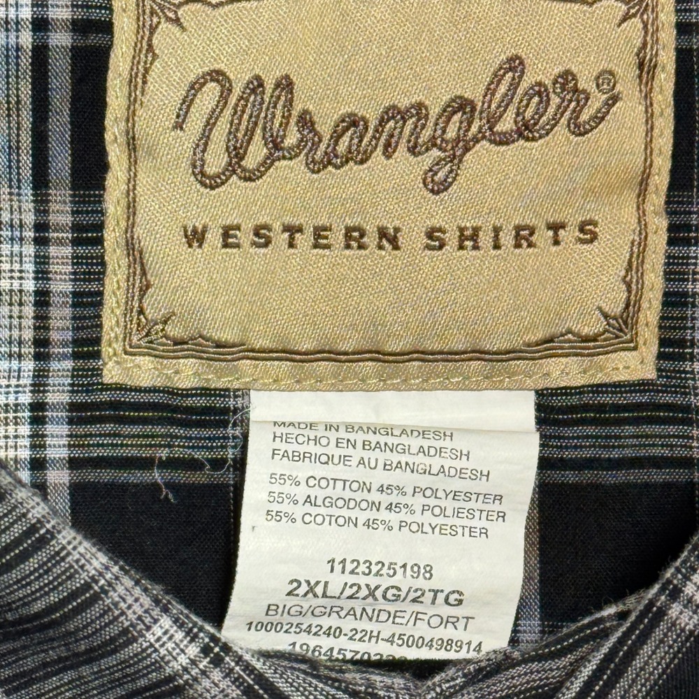 Wrangler Western Shirt Mens 2XL Black White Plaid Pearl Snap Short Sleeve - Picture 2 of 6